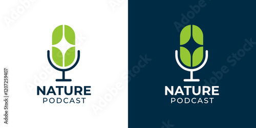 Nature podcast icon logo vector. Farmer agriculture education channel logo. Podcast microphone and green leaf icon logo design illustration template. 