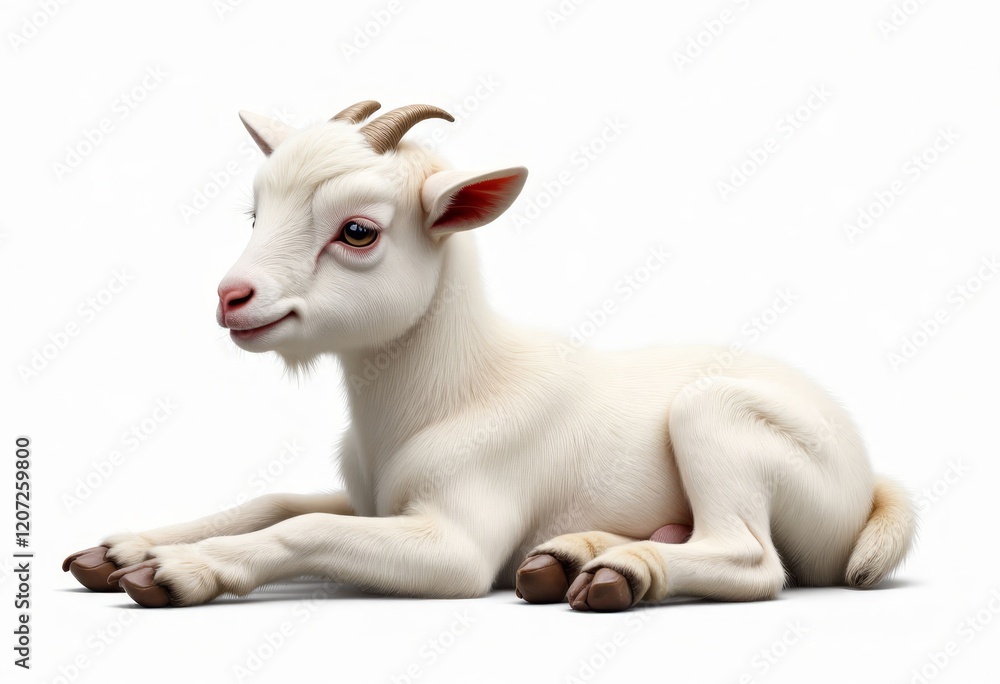 Fototapeta premium White goat kid lying down on white background