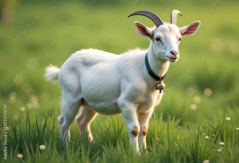 White goat with bell collar in green field White goat with bell collar in green field