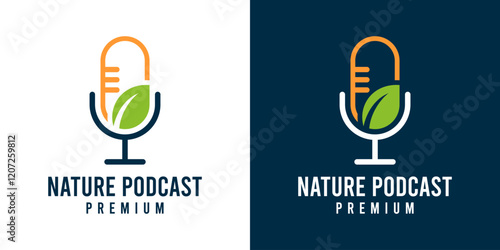 Nature podcast icon logo vector. Farmer agriculture education channel logo. Podcast microphone and green leaf icon logo design illustration template. 