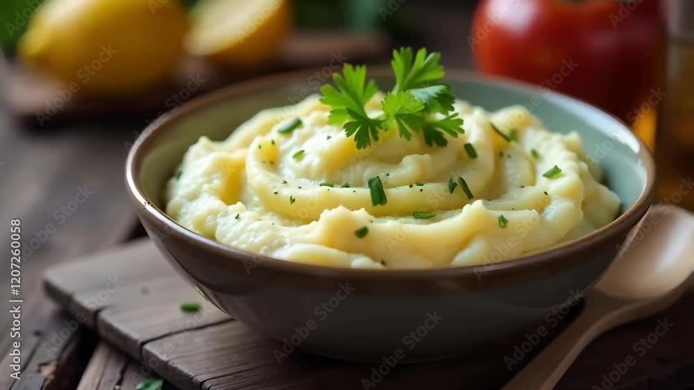 Bowl of creamy mashed potato, garnished with a sprinkle of fresh parsley Bowl of creamy mashed potato, garnished with a sprinkle of fresh parsley