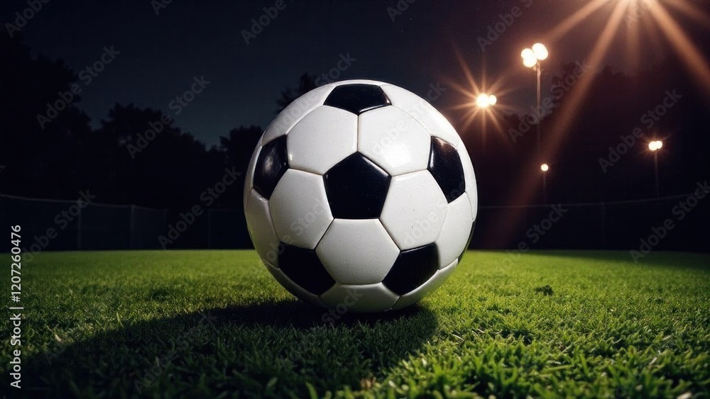 Fototapeta premium Soccer ball resting on lush green field at night under stadium lights
