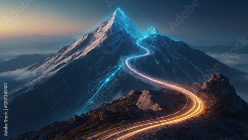 A digital abstract mountain with a glowing path leading to the top, symbolizing the journey to success