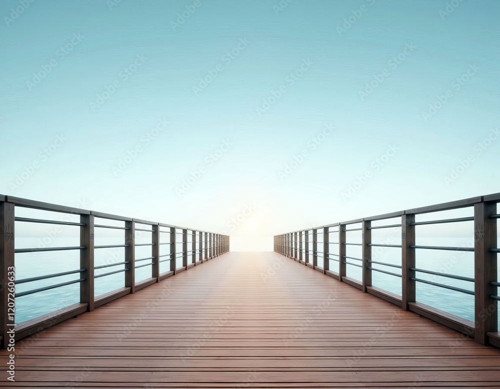 Obraz premium Wooden boardwalk with metal railings over water