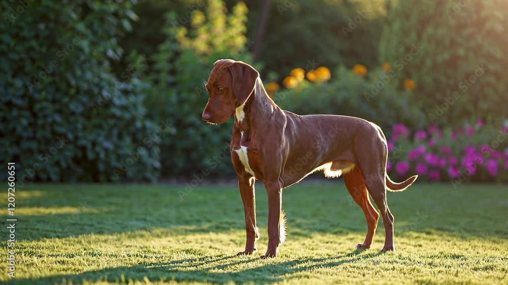 Dog standing on a sunlit lawn in a garden, nature and relaxation concept Dog standing on a sunlit lawn in a garden, nature and relaxation concept