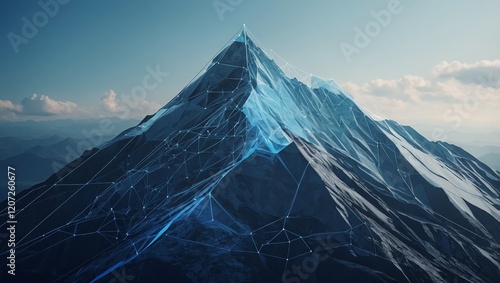 A digital abstract mountain with a polygonal trail to the top, highlighting success and achievement