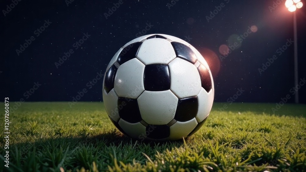 Fototapeta premium Soccer ball resting on lush green field at night under stadium lights