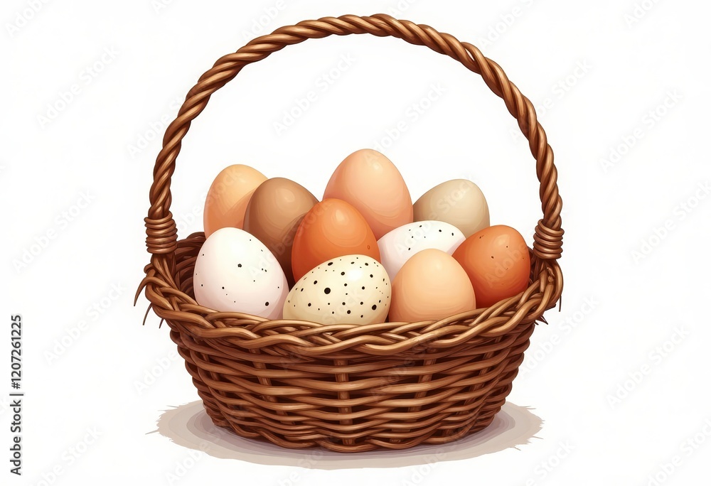 Woven basket with twelve assorted eggs Woven basket with twelve assorted eggs