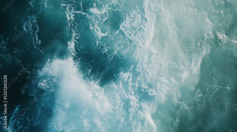 Fototapeta premium Massive blue ocean wave with white foam showcasing natural power and energy, potentially inviting surfers to embrace the thrill of riding