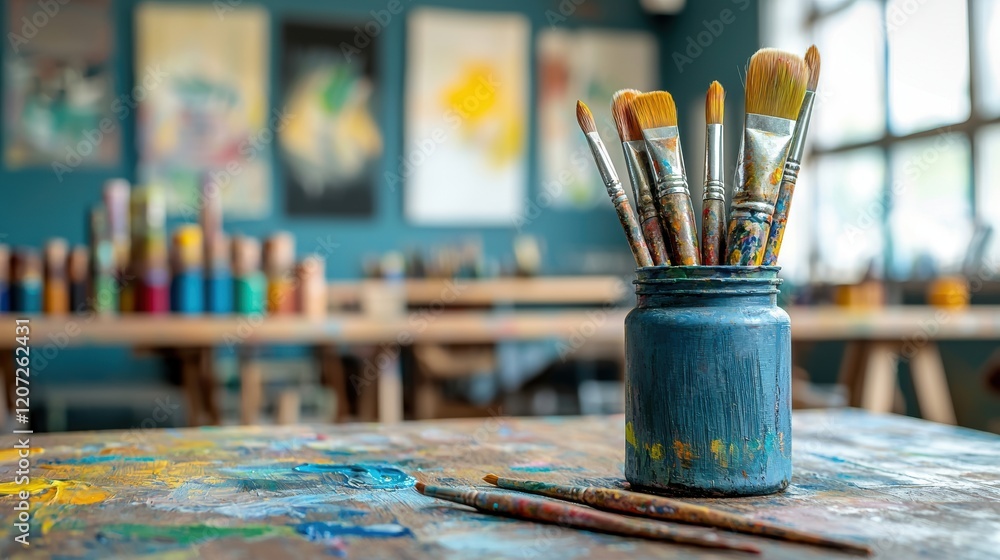Fototapeta premium Paintbrushes in a Jar in an Art Studio