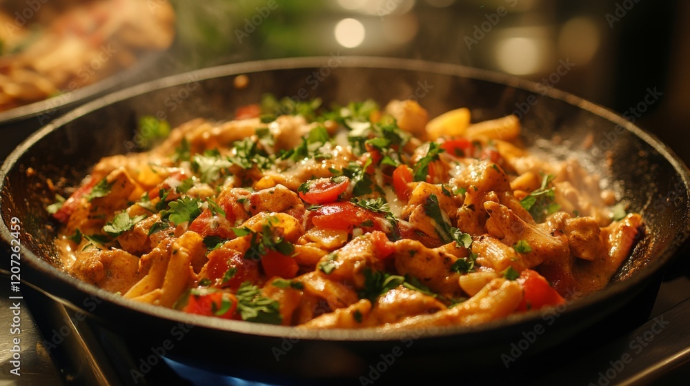 Close-up of a skillet of creamy chicken pasta with tomatoes and parsley Close-up of a skillet of creamy chicken pasta with tomatoes and parsley