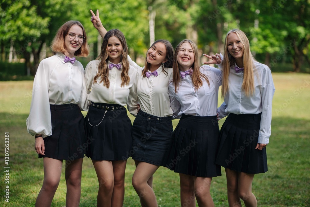 Five female students wearing white shirts and bow ties are posing together in a park, celebrating their first day back at school Five female students wearing white shirts and bow ties are posing together in a park, celebrating their first day back at school