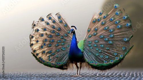 Elegant peacock displaying its vibrant plumage with feathers fanned wide open photo