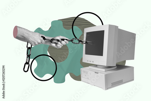 Creative sketch collage of hands pull chain trap hacking pc monitor cyberattack security freelance information fraud privacy photo