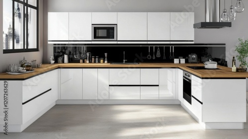 A minimalist kitchen design with sleek white cabinets, wooden countertops, and black accents, creating a clean and modern cooking space