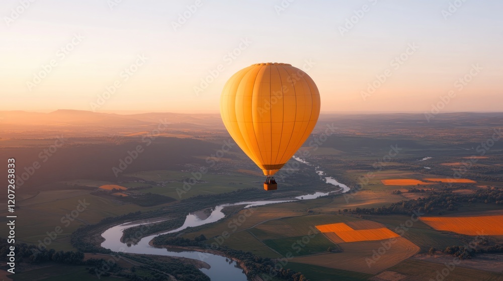 Obraz premium hero image hot air balloon floating above picturesque valley with vibrant fields and winding rivers below