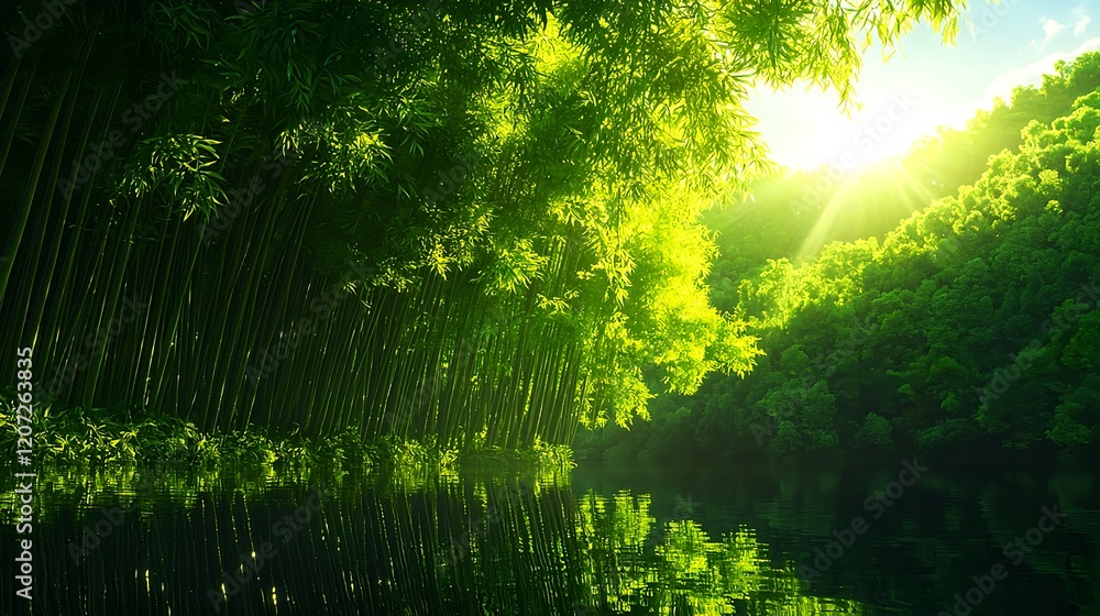 Obraz premium Serene Bamboo Forest Reflecting in Tranquil Waters at Sunset