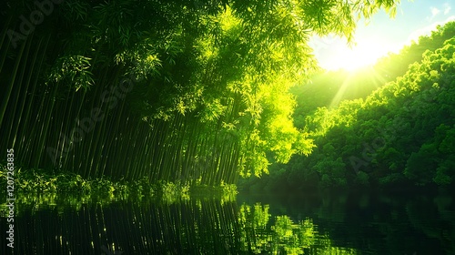 Serene Bamboo Forest Reflecting in Tranquil Waters at Sunset