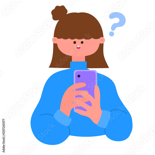 woman looking at smartphone with question mark flat vector illustration