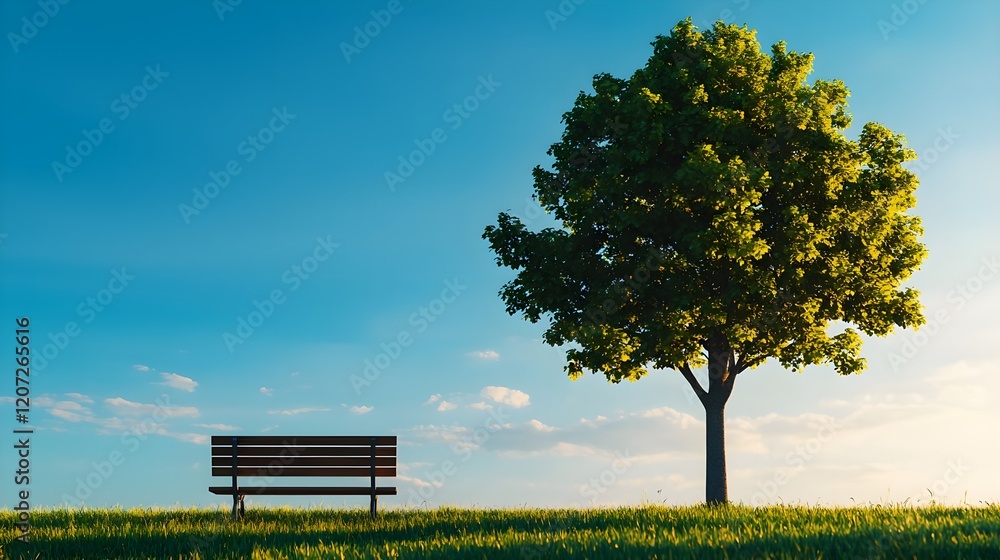 Tranquil Park Scene with Bench and Lush Green Tree Under Blue Sky Tranquil Park Scene with Bench and Lush Green Tree Under Blue Sky