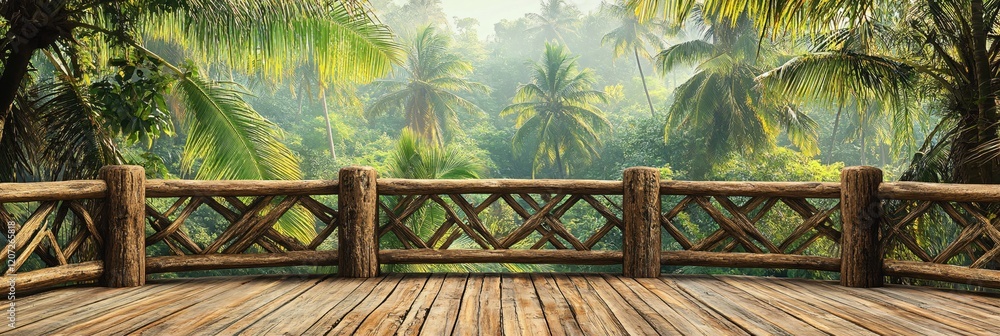Tropical Balcony View Lush Jungle Palm Trees Misty Morning Paradise Tropical Balcony View Lush Jungle Palm Trees Misty Morning Paradise
