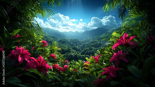 Serene Jungle Landscape with Lush Greenery and Vibrant Flowers