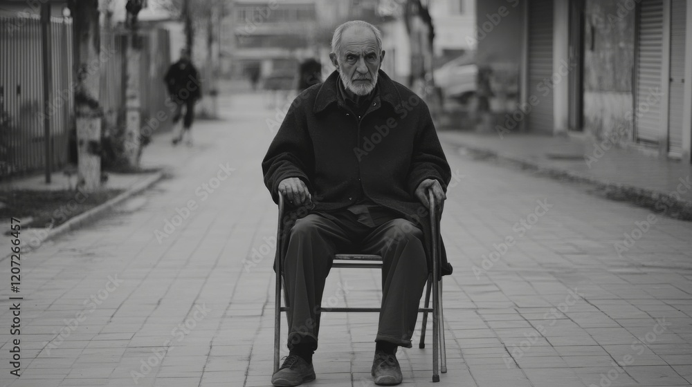 Obraz premium Elderly man sits in chair outdoors on city street.