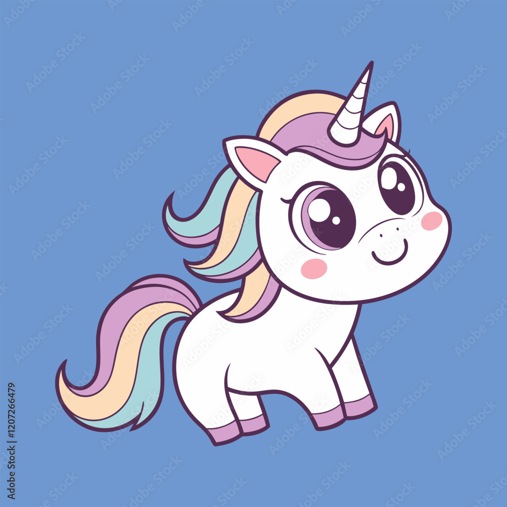 Fototapeta premium Vector illustration of a smiling unicorn on a simple plain background.