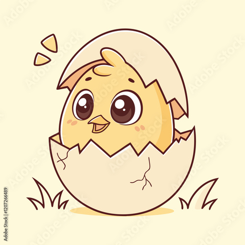 Vector illustration of a chick hatching from an egg on a simple plain background.