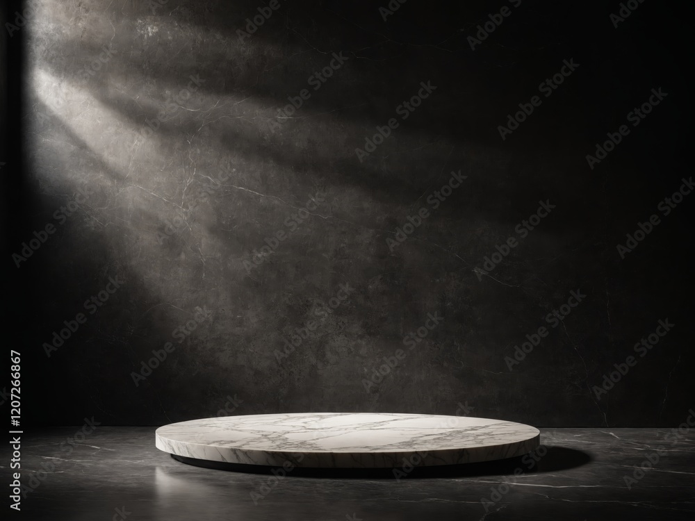Circular marble podium on dark floor Circular marble podium on dark floor