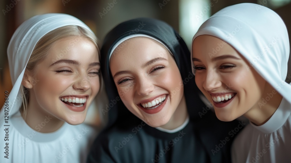 Three cheerful nuns smile brightly together, capturing a moment of genuine happiness, illustrating the bond of friendship within a religious context. Three cheerful nuns smile brightly together, capturing a moment of genuine happiness, illustrating the bond of friendship within a religious context.