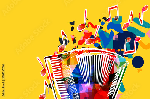 Musical notes on colorful backdrop. Colorful accordion design poster	