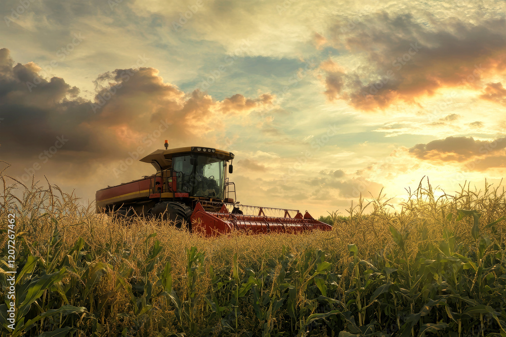 Fototapeta premium Golden sunset over corn field with combine harvester at work creating a stunning rustic landscape