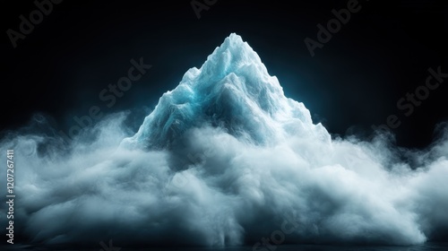 A striking iceberg rises dramatically from dense clouds, illuminated by a soft glow, creating a mesmerizing visual effect that evokes feelings of awe and wonder in this atmospheric scene. photo