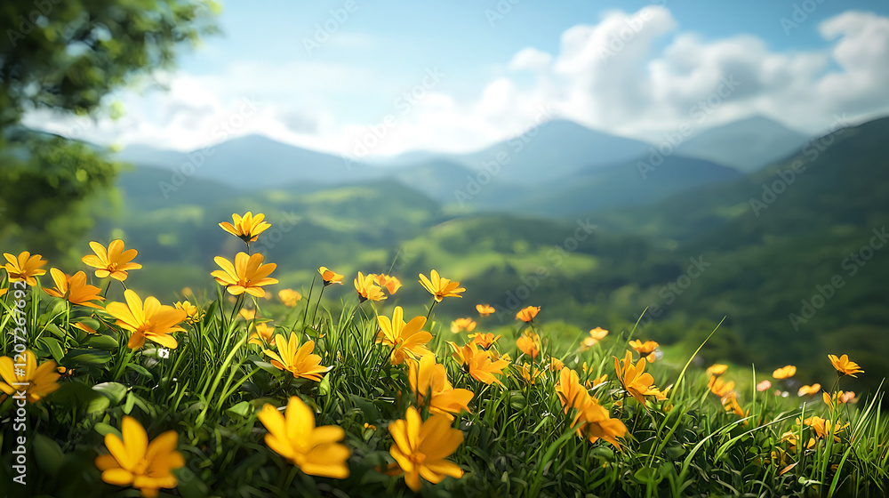 Fototapeta premium Vibrant Yellow Flowers Blooming in Verdant Meadow with Mountains