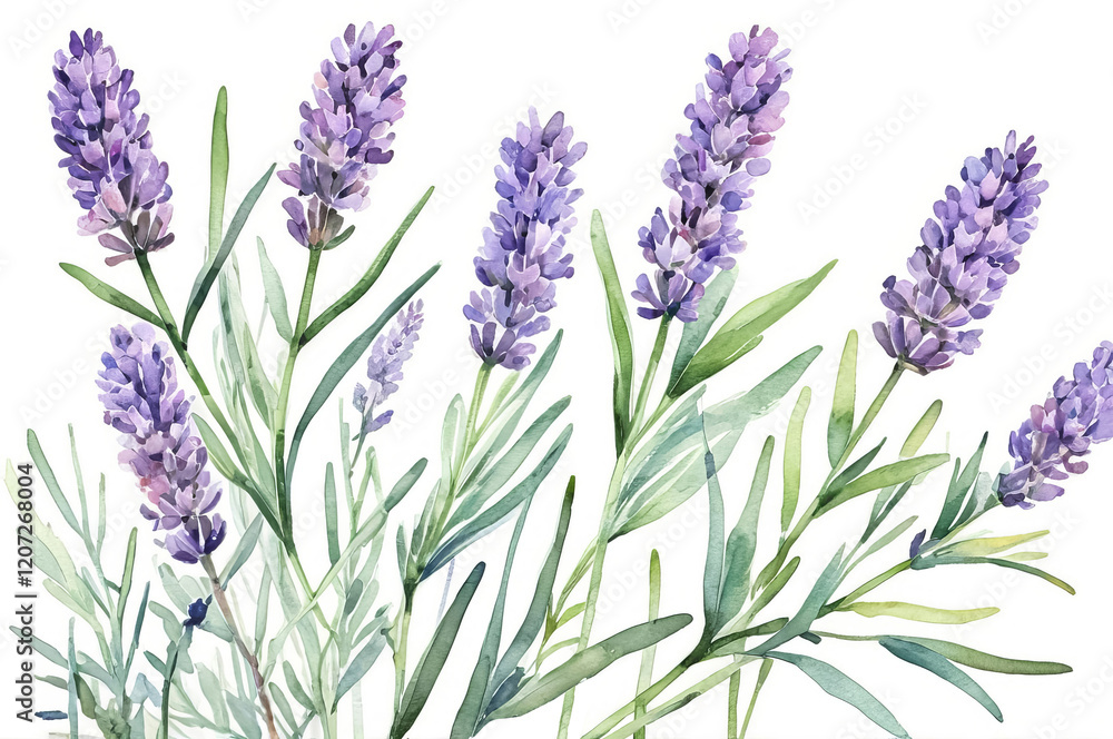 Fototapeta premium Watercolor illustration of blooming lavender branches on a white background.