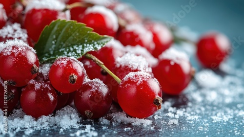 A close-up of glistening red currants dusted with sugar and surrounded by powdery frost, showcasing their rich color and natural beauty, perfect for culinary uses. photo