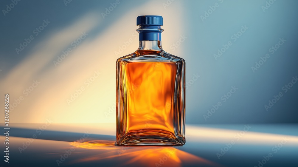 Elegant Glass Bottle with Amber Liquid and Blue Cap on Table Elegant Glass Bottle with Amber Liquid and Blue Cap on Table