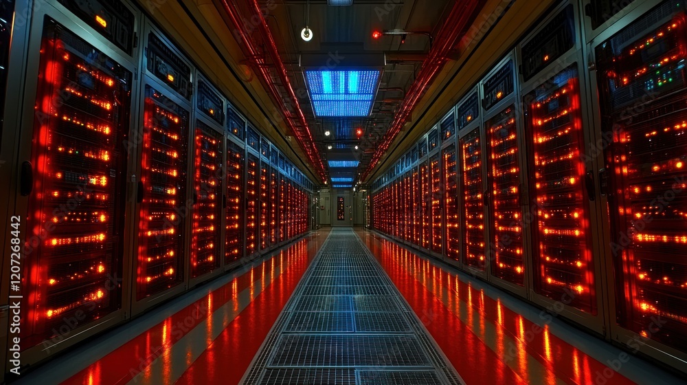 Illuminated server room corridor with racks. Illuminated server room corridor with racks.