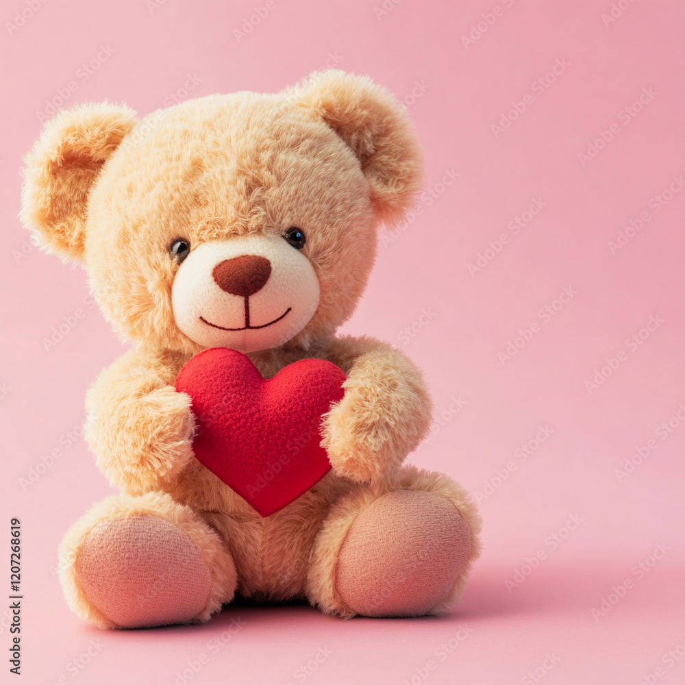 Fototapeta premium close-up cute toy teddy bear holding red heart on pink background with copy space