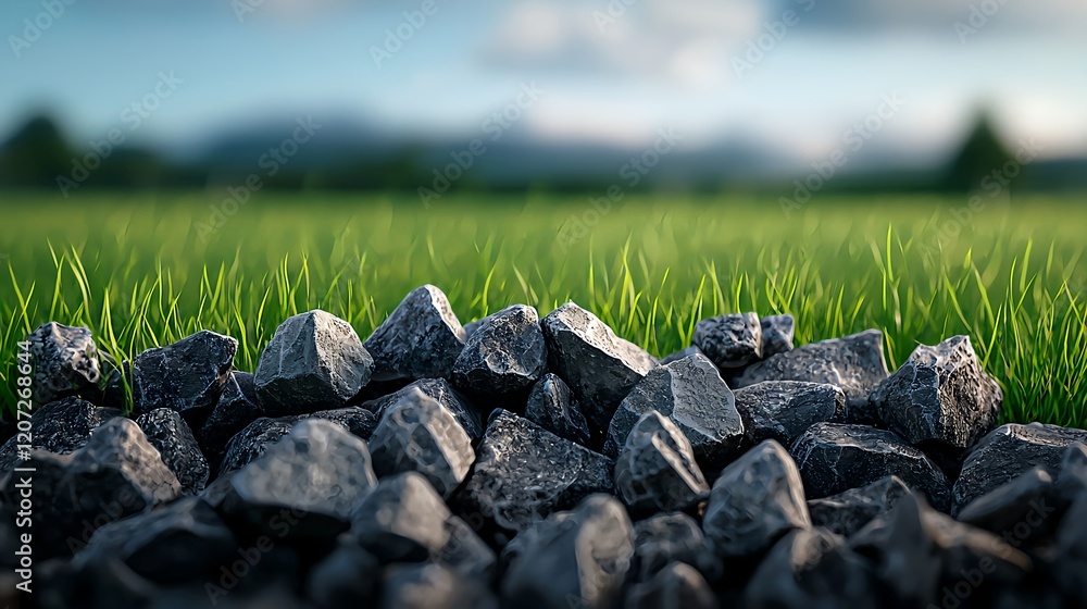 Rocky Texture Surrounded by Green Grass Under Soft Sky Background Rocky Texture Surrounded by Green Grass Under Soft Sky Background