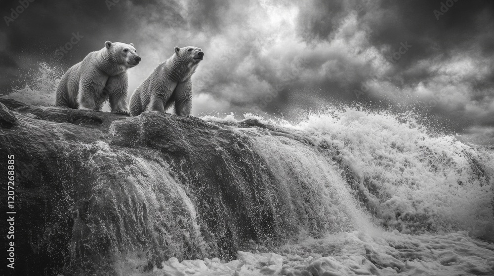 Fototapeta premium Two Polar Bears on Rocky Outcrop by Dramatic Waterfall