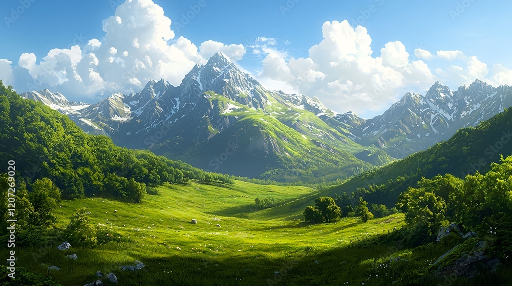 Obraz premium Majestic Mountain Landscape Under Clear Blue Sky and Green Valley