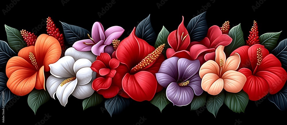 Fototapeta premium Vibrant Tropical Hibiscus and Anthurium Floral Border: A Rich, Dark Design