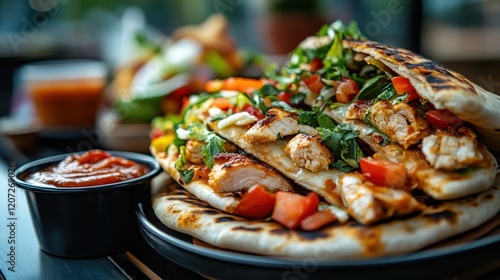 A hearty grilled chicken wrap filled with vibrant vegetables and flavorful sauce, showcasing a delicious blend of textures and colors, ideal for health-conscious food lovers. photo