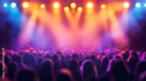 Vibrant stage lights illuminating a large concert crowd
