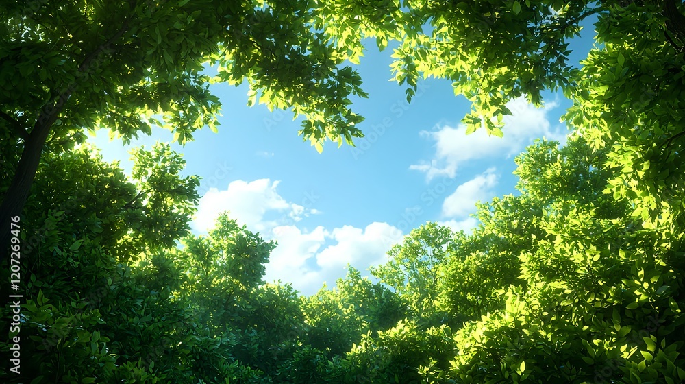 Fototapeta premium Lush Green Forest Canopy Under Bright Blue Sky with Fluffy Clouds