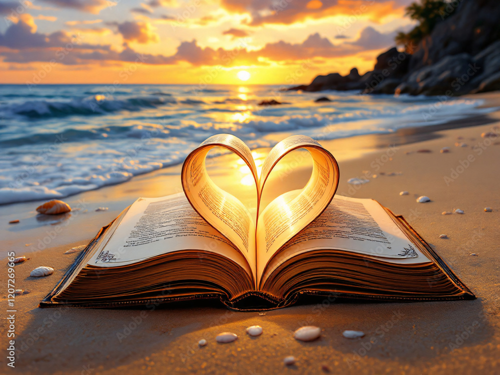 Book with heart-shaped pages on beach at sunset. Book with heart-shaped pages on beach at sunset.