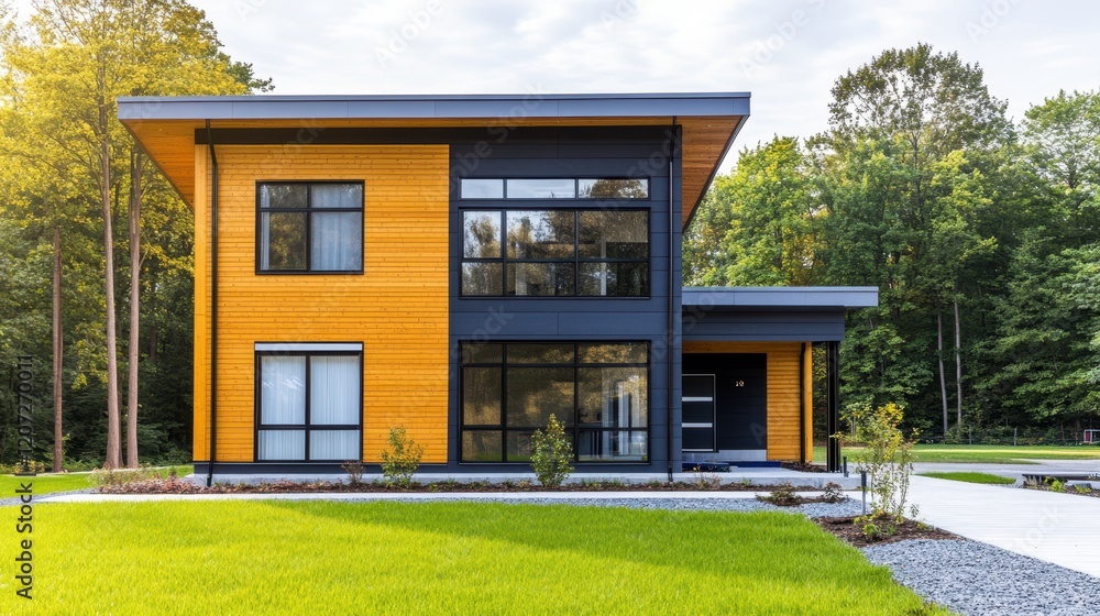 Obraz premium A striking modern house stands bold with its yellow and black facade, blending elegance and creativity against a vibrant backdrop of nature.