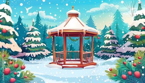 A wooden gazebo covered in snow stands in a snowy forest. Christmas decorations hang from the gazebo.